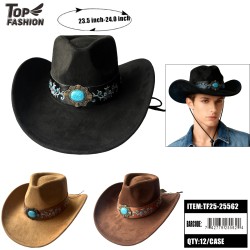 COWBOY HAT WITH TURQUOISE METAL EMBELLISHMENT 3COLOR 12PC/CS
