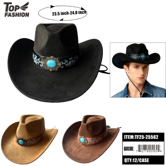 COWBOY HAT WITH TURQUOISE METAL EMBELLISHMENT 3COLOR 12PC/CS
