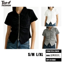 WOMEN ZIPPER FRONT RUCHED SHORT SLEEVE TOP 3CLR 72PC/CS