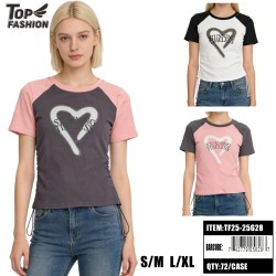 WOMEN HEART PRINT DRAWSTRING 3CLR T-SHIRT 12PC/6BG/72PC/CS