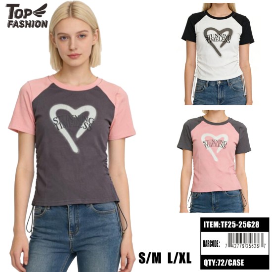 WOMEN HEART PRINT DRAWSTRING 3CLR T-SHIRT 12PC/6BG/72PC/CS