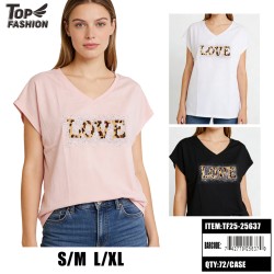 WOMEN LOVE LEOPARD PRINT 3CLR V-NECK T-SHIRT 12PC/6BG/72PC/CS