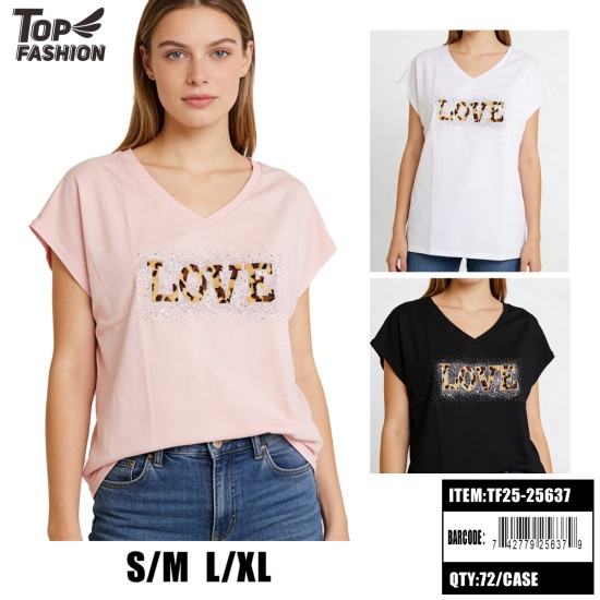WOMEN LOVE LEOPARD PRINT 3CLR V-NECK T-SHIRT 12PC/6BG/72PC/CS