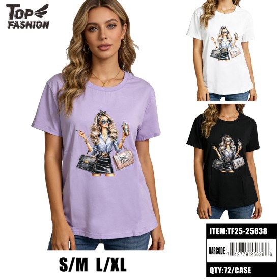 WOMEN GIRL GRAPHIC 3COLOR T-SHIRT 12PC/6BG/72PC/CS