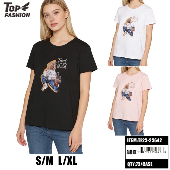 WOMEN GRIL PRINT 3CLR T-SHIRT S-XL 12PC/6BG/72PC/CS