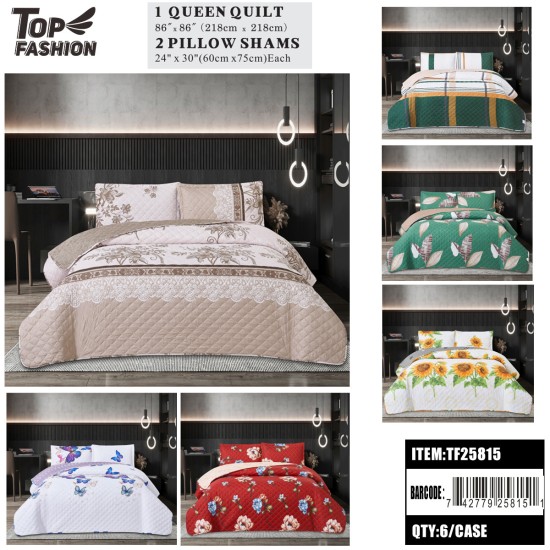 QUILT 3PC-SET QUEEN SIZE PRINTED MIXED 6-COLOR 6PC/CS