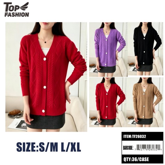 WOMENS 4COLOR V-NECK CABLE KNIT CARDIGAN 12PC/3BG/36PC/CS