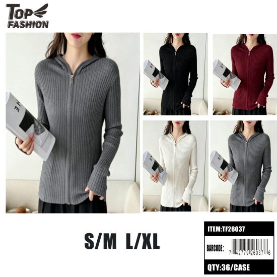 WOMENS HOODED ZIP-UP RIBBED KNIT CARDIGAN 4 CLR 12PC/3DZ/CS