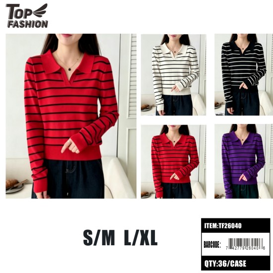 WOMENS STRIPED COLLARED KNIT TOP 4CLR 12PC/3DZ/CS