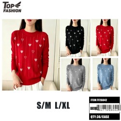 WOMENS HEART DESIGN CREW NECK KNIT SWEATER 3DZ/CS