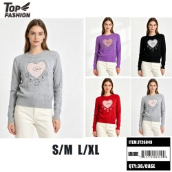 WOMENS HEART EMBROIDERED CREW NECK SWEATER 4CLR 12PC/3DZ/CS