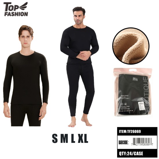 MENS FLEECE-LINED THERMAL UNDERWEAR SET-BLK  24PC/CS