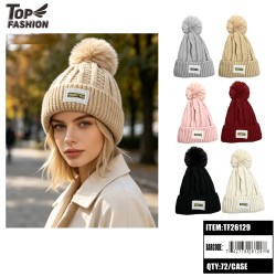 6CLR WOMENS POM POM KNIT BEANIE 6DZ/CS