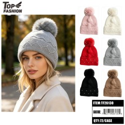 6CLR WOMENS RHINESTONE POM BEANIE 6DZ/CS