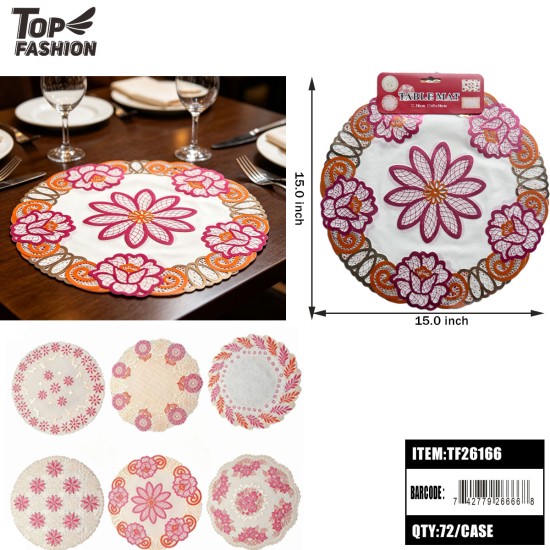 ROUND LACE CUTOUT FLORAL PLACEMAT 2CT 6CLR 6DZ/CS