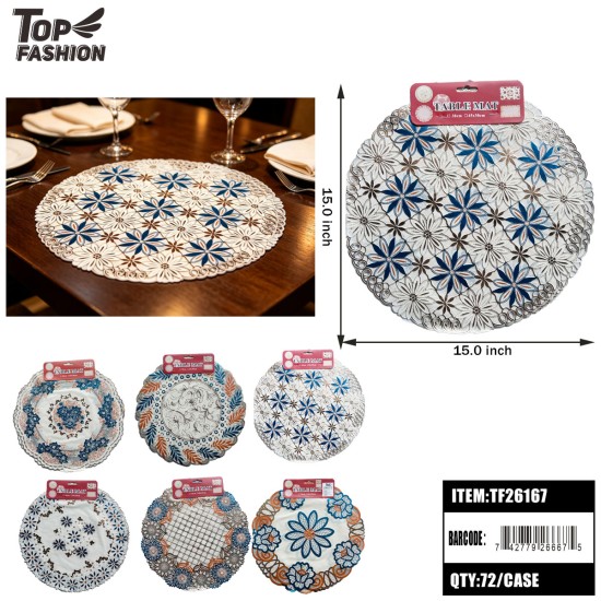 ROUND LACE CUTOUT FLORAL PLACEMAT 2CT 6CLR 6DZ/CS