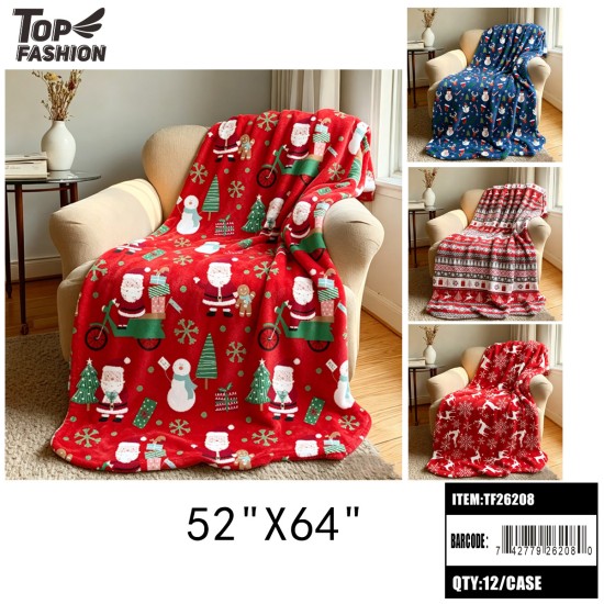 CHRISTMAS PRINT FLANNEL BLANKET 4 ASSORTED 12PC/CS