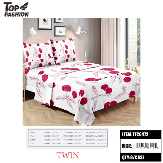 TWIN SIZE CHERRY PRINT BED SHEET 3PC-SET  8PC/CS
